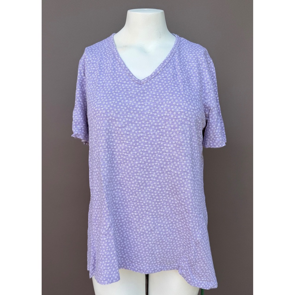 Chicos 2 L Purple Floral V-Neck Short Sleeve Cotton Modal Slub Knit Tee T-Shirt